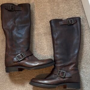 Frye Brown Leather Riding Boots with Buckle Detail
